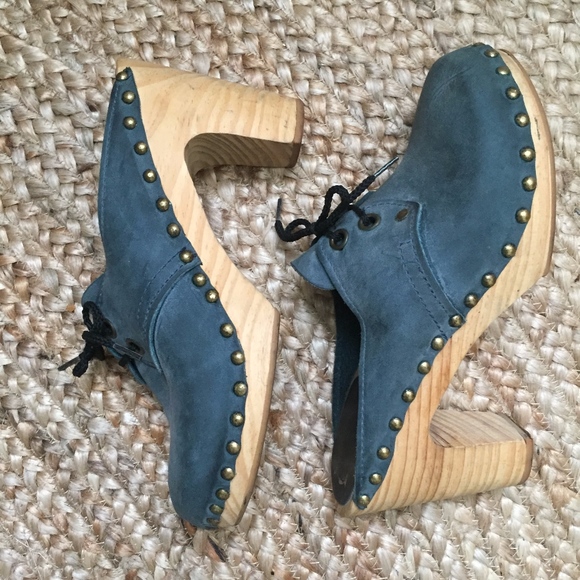 UGGLEBO Swedish Clogs Mules Heels Blue Suede Nubuck Lace-ups 7 - Picture 1 of 5